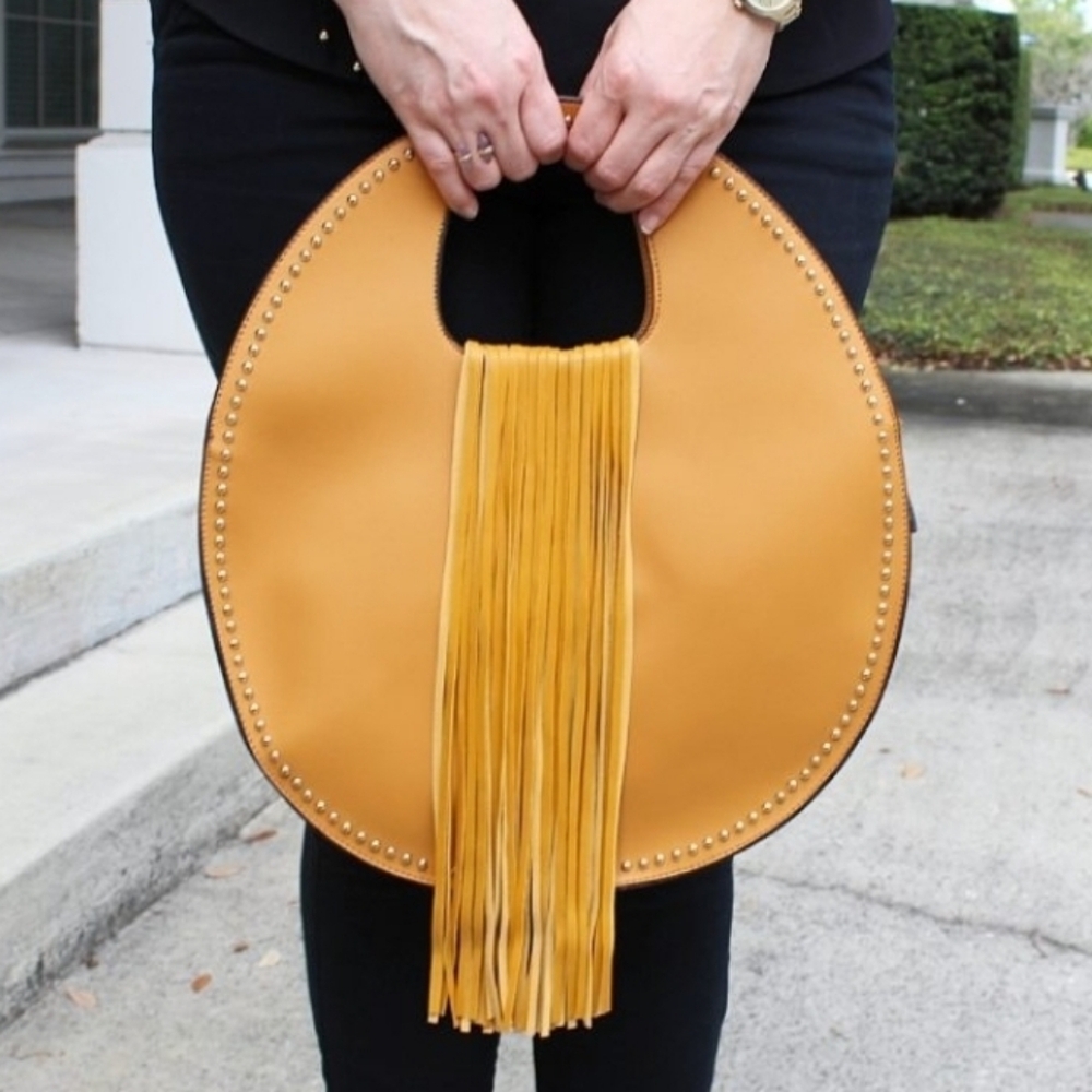 Boho Studded Cutout Handle Satchel/Purse with Fringe – Faux Distressed Leather